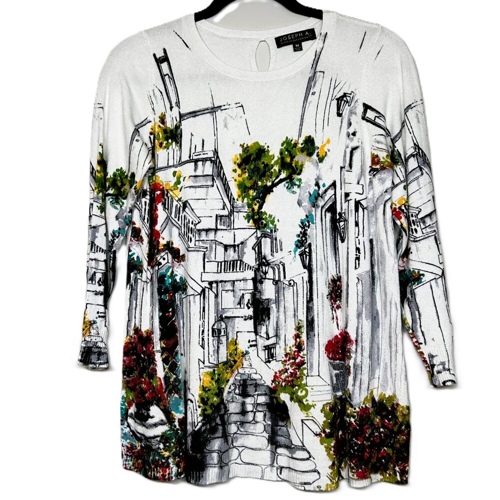 Joseph A 3/4 Sleeve Sweater Artsy City Scene‎ White Tunic Top Medium Women